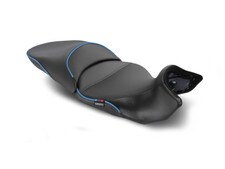 Sargent's World Sport Motorcycle Seat for the 2024+ BMW R 1300 GS, Performance Plus Low Version 2-pc set with Blue accents.
